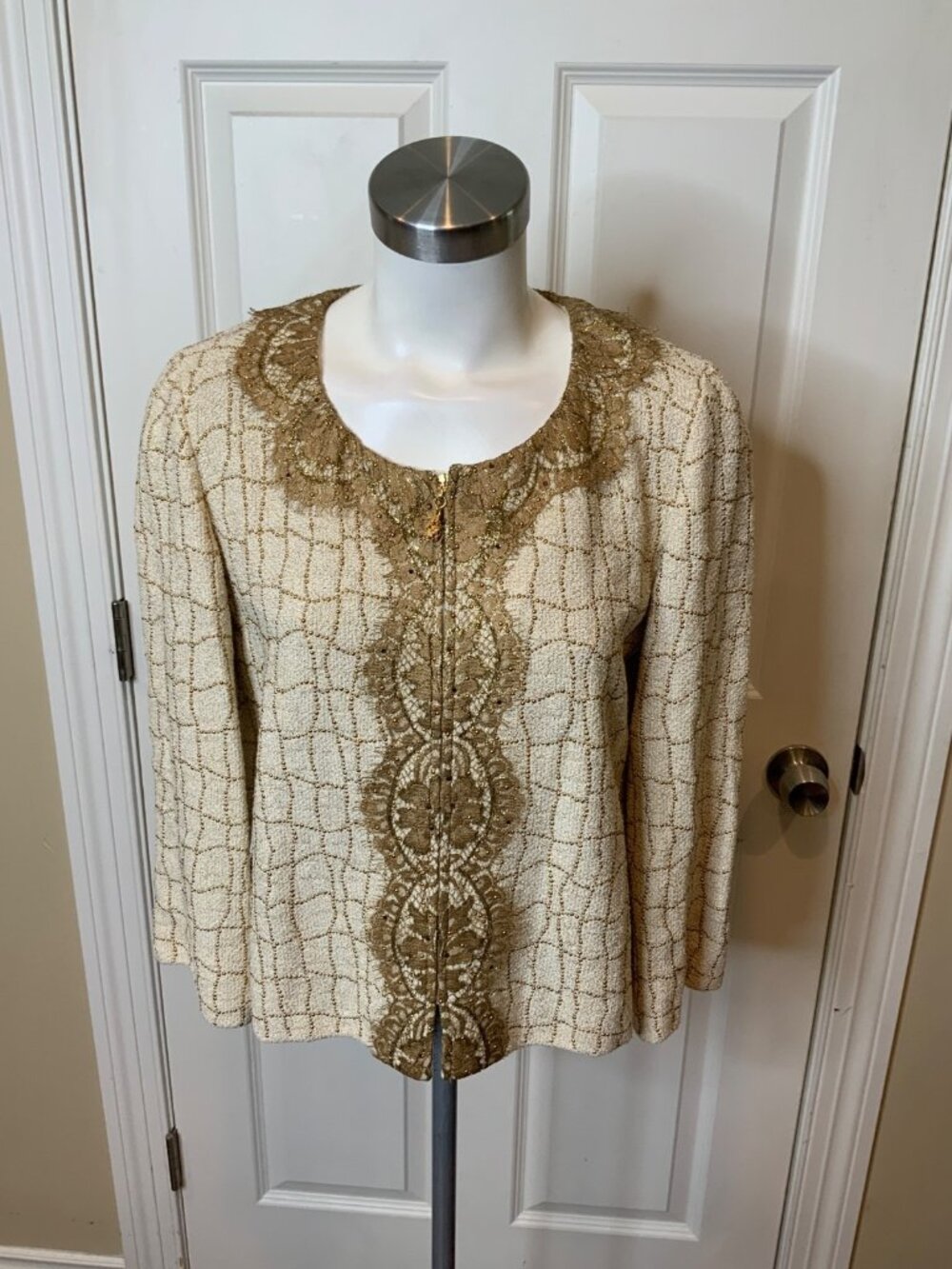 St. John Couture Gold Lace Studded Tweed Zip-Up Jacket, Size 6